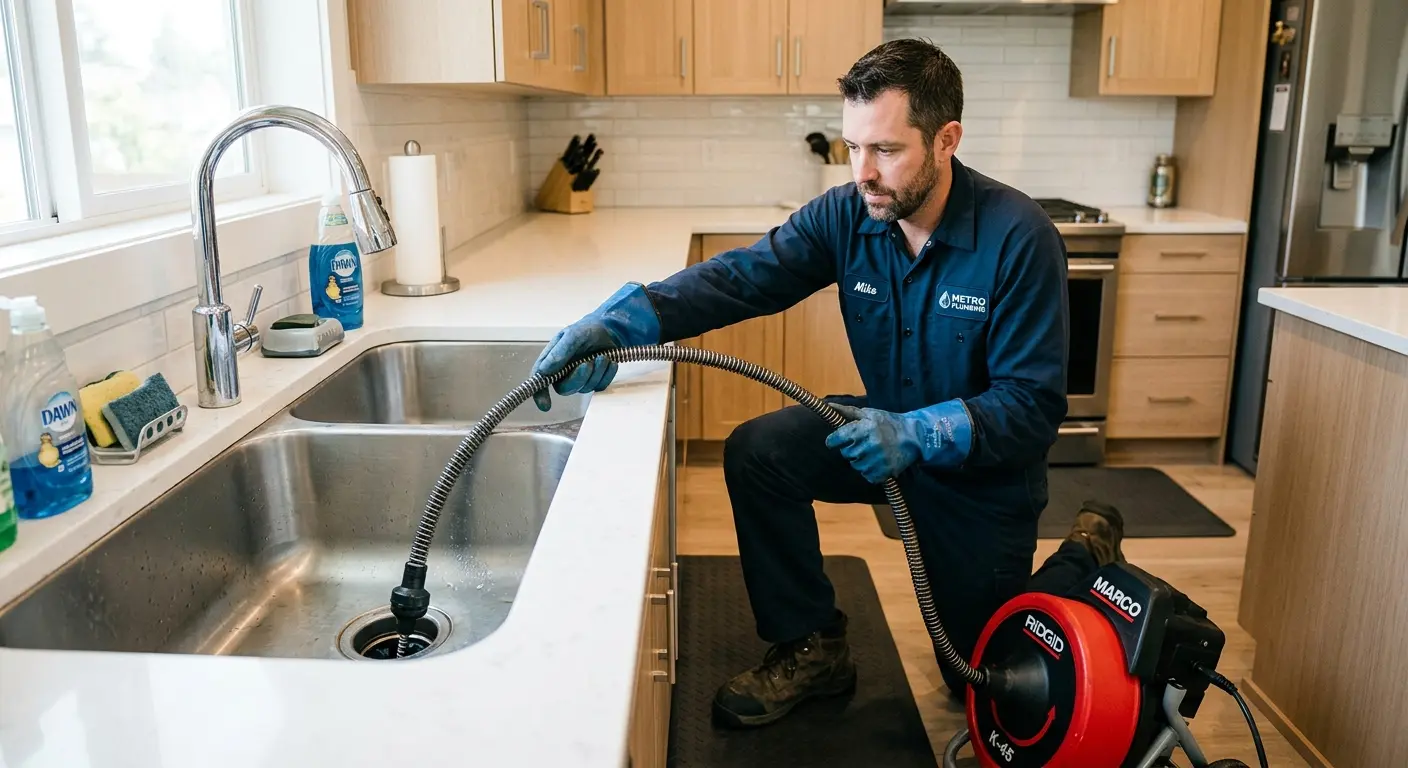Drain cleaning technician using a motorized snake on a kitchen sink in North Weeki Wachee