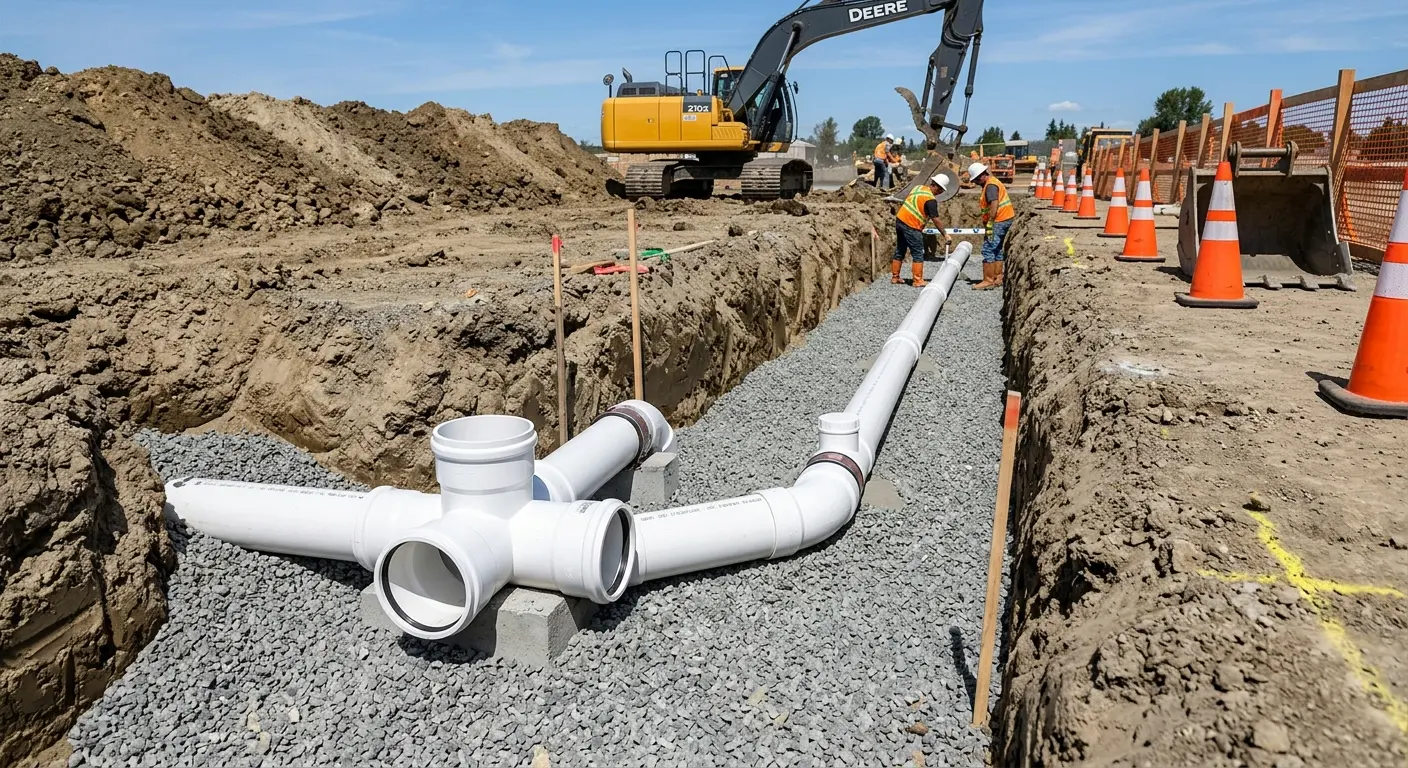 New PVC sewer pipe installation in open trench for Sewer Backup in North Weeki Wachee