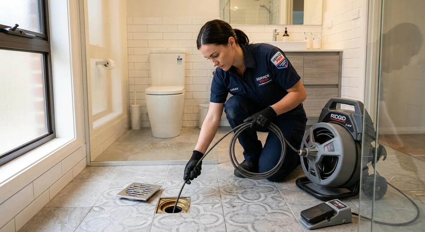 Technician clearing a bathroom floor drain for Drain Cleaning in North Weeki Wachee